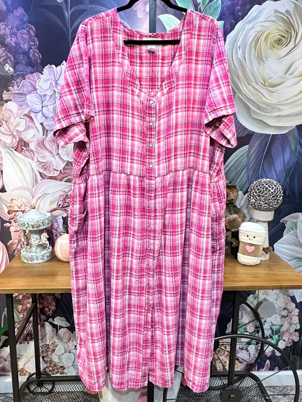 Woman Within 5X 100% Cotton Pink Plaid Midi Dress Relaxed Button Front Pockets